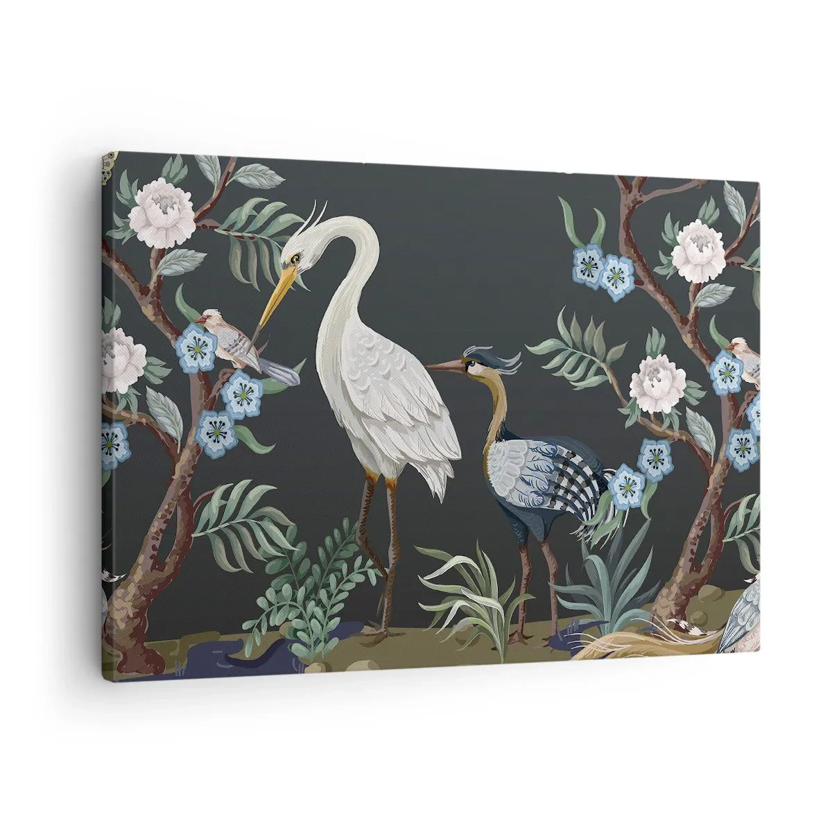 Obraz na plátne - Maľované vtáky a rastliny na tmavom pozadí s elegantným vzorom - 70x50cm - Vtáčí sprievod - Moderná nástenná dekorácia do obývacej izby a spálne ARTTOR