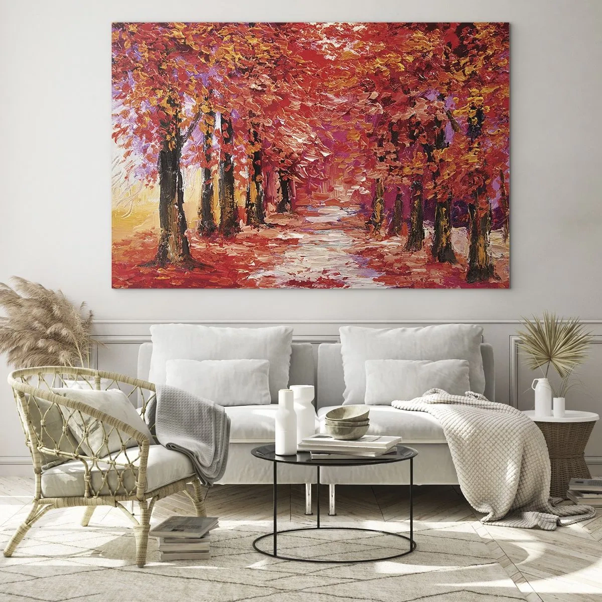 Obraz na skle - Malebná ulička v jesenných farbách plná teplých odtieňov - 70x50cm - Jesenná impresia - Moderná nástenná dekorácia do obývacej izby a spálne ARTTOR