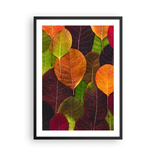 Plagát v čiernom ráme - Farebné listy v odtieňoch zelenej, oranžovej a červenej usporiadané do mozaikového vzoru - 50x70cm - Jesenná mozaika - Moderná nástenná dekorácia do obývacej izby a spálne ARTTOR