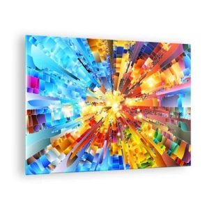 Obraz na skle - Abstraktná explózia farieb v dynamickej, geometrickej kompozícii. - 70x50cm - In medias res - Moderná nástenná dekorácia do obývacej izby a spálne ARTTOR