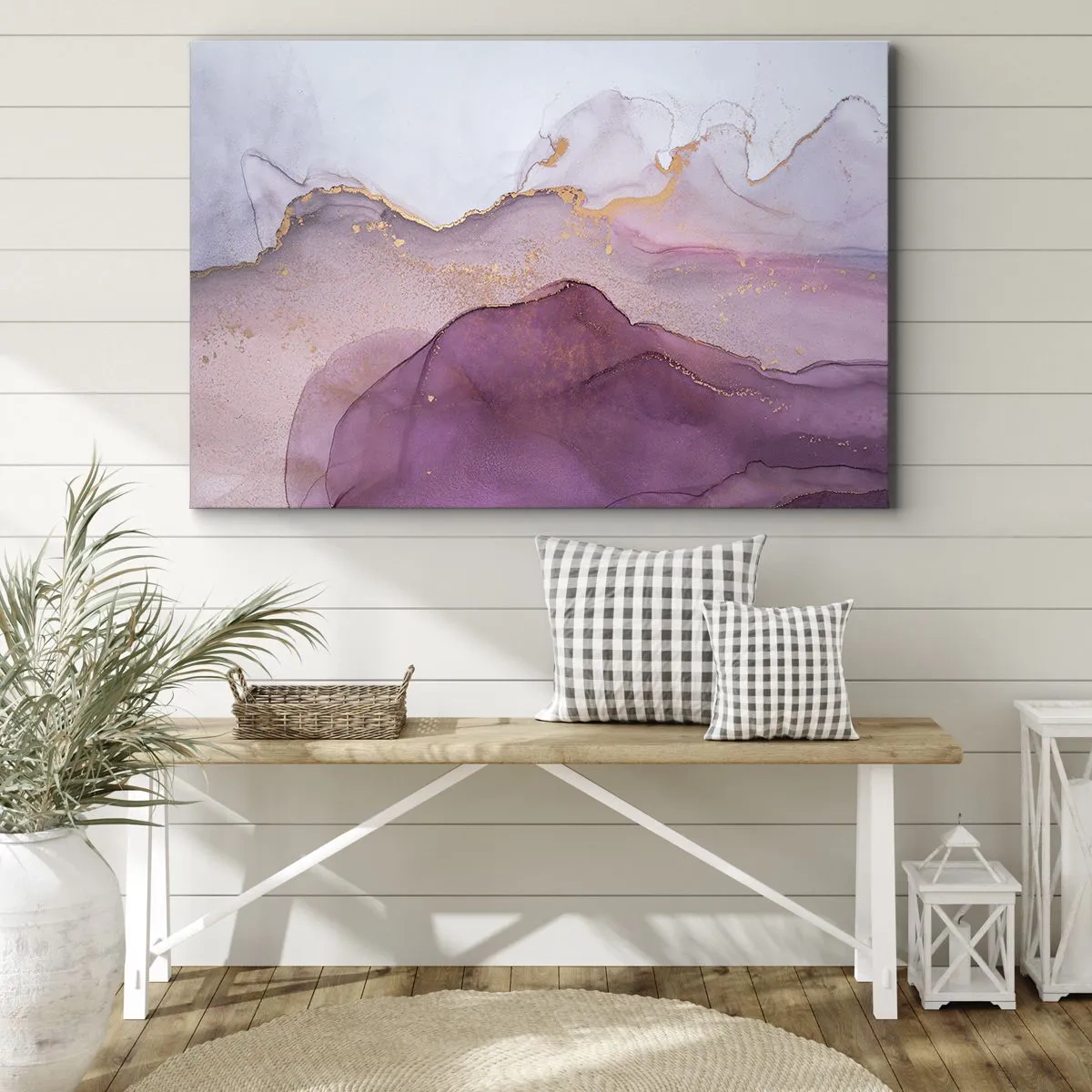 Obraz na plátne - Abstraktná kompozícia v odtieňoch fialovej a zlatej. - 70x50cm - Fialové a ľalové vlny - Moderná nástenná dekorácia do obývacej izby a spálne ARTTOR