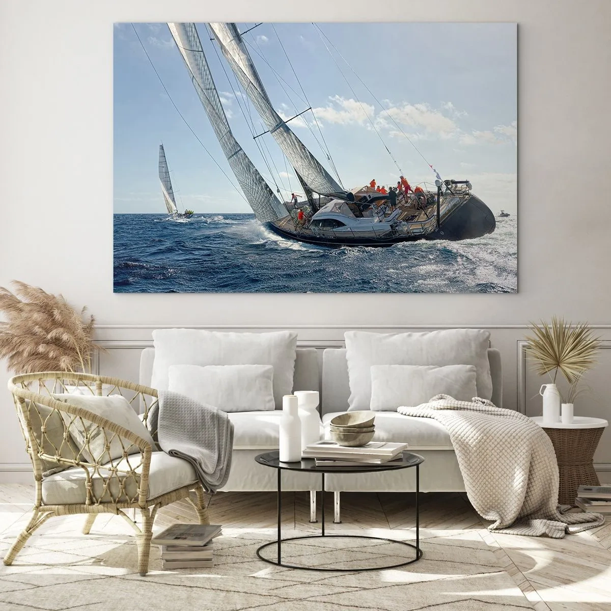 Obraz na skle - Preteky jachty na otvorenom mori s vetrom v plachtách - 70x50cm - Nech zvíťazí lepší - Moderná nástenná dekorácia do obývacej izby a spálne ARTTOR