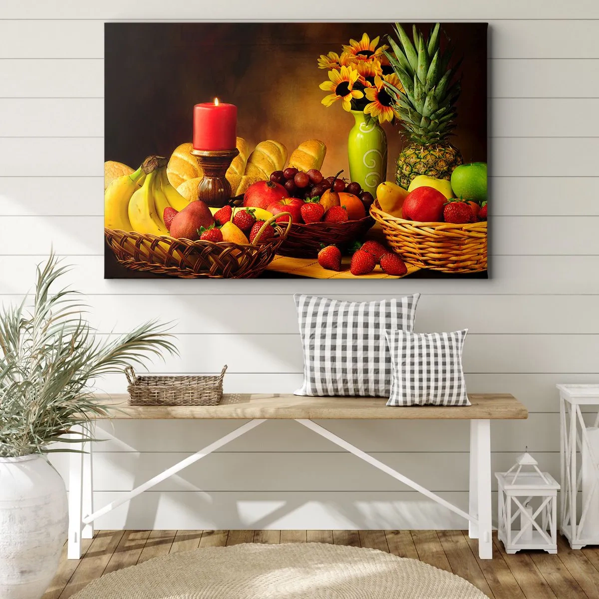 Obraz na plátne - Zátišie s ovocím, chlebom, sviečkou a kvetmi - 70x50cm - Zátišie s pečivom a ovocím - Moderná nástenná dekorácia do obývacej izby a spálne ARTTOR