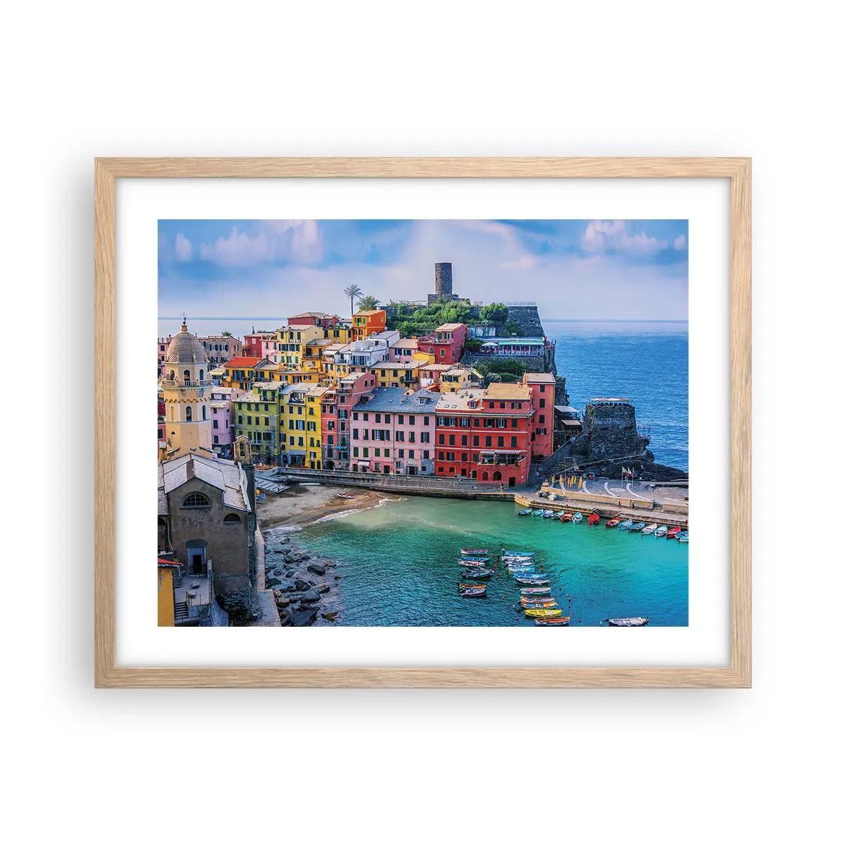 Plagát v ráme zo svetlého duba - Stredomorské kúzelné mestečko - 50x40 cm