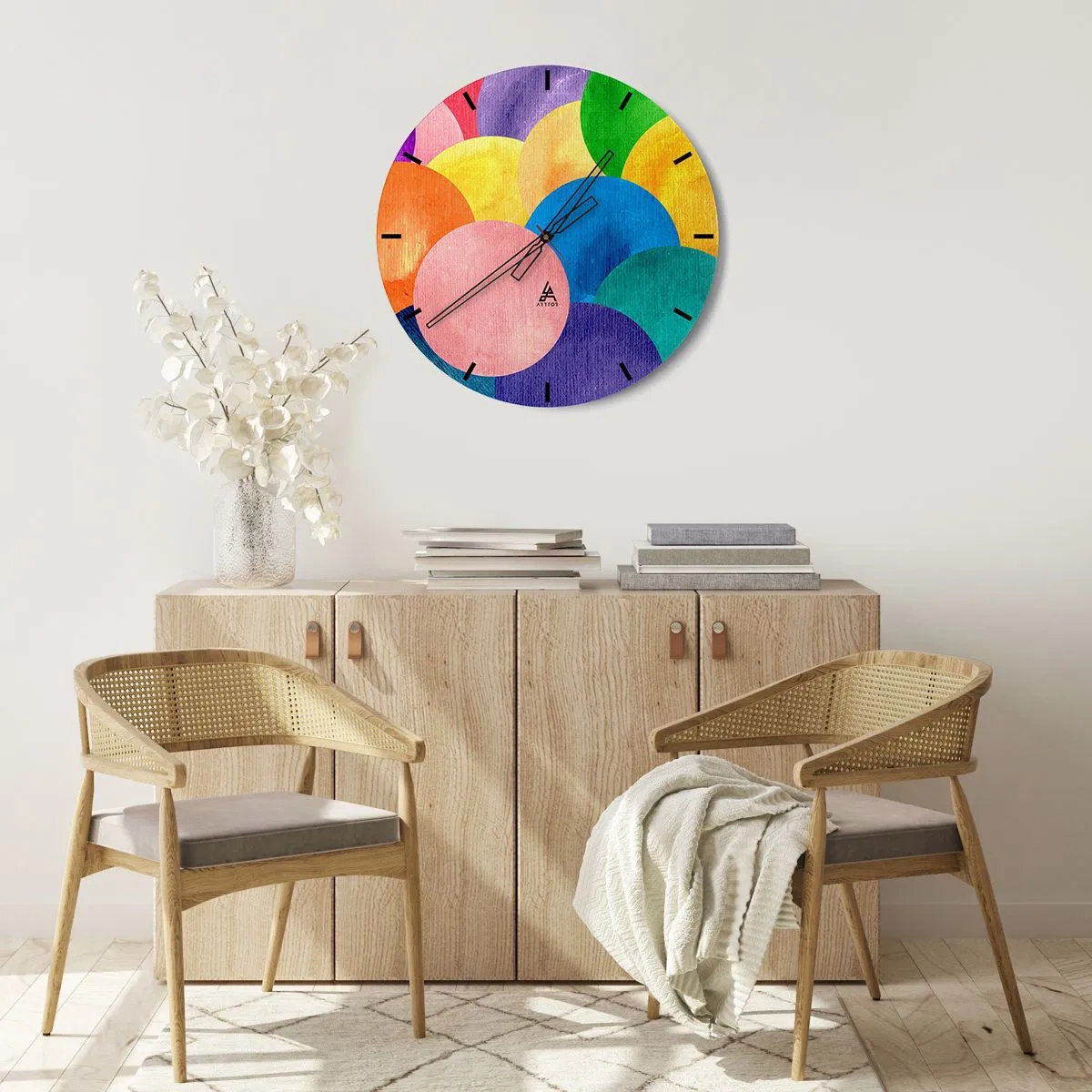 Nástenné hodiny - Farebné kruhy v akvarelovom štýle na svetlom pozadí - 30x30cm - Pôvodná plnosť života - Moderná nástenná dekorácia do obývacej izby, kuchyne a spálne ARTTOR