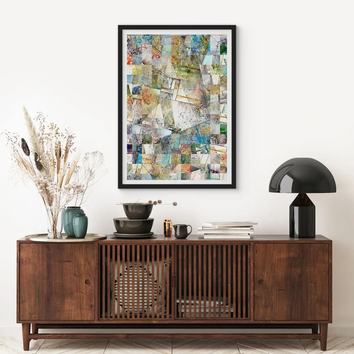 Plagát v čiernom ráme - Abstraktná mozaika geometrických tvarov v zemitých tónoch. - 50x70cm - Geometrické preskupenie - Moderná nástenná dekorácia do obývacej izby a spálne ARTTOR