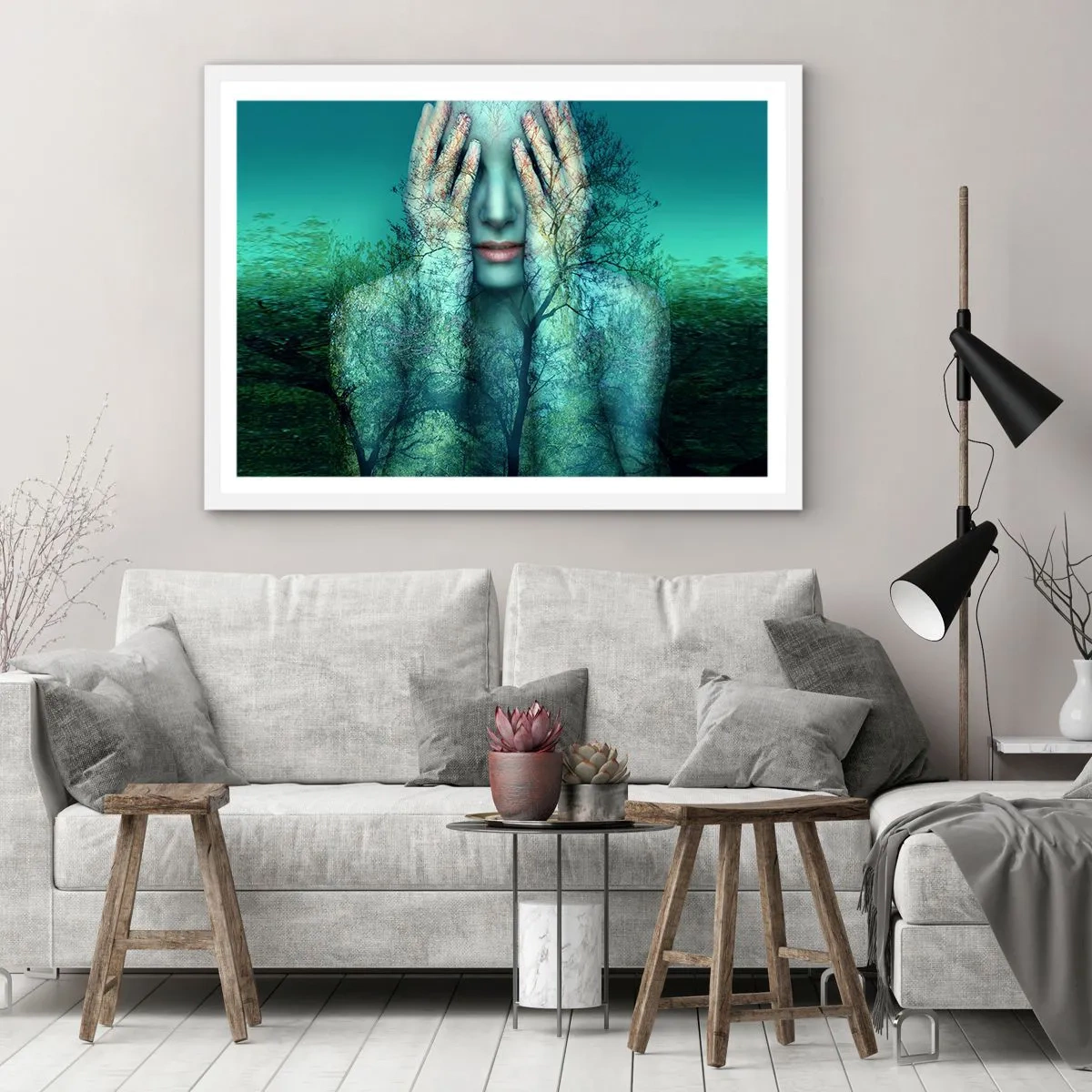 Plagát v bielom ráme - Ponorená do modrej - 100x70 cm