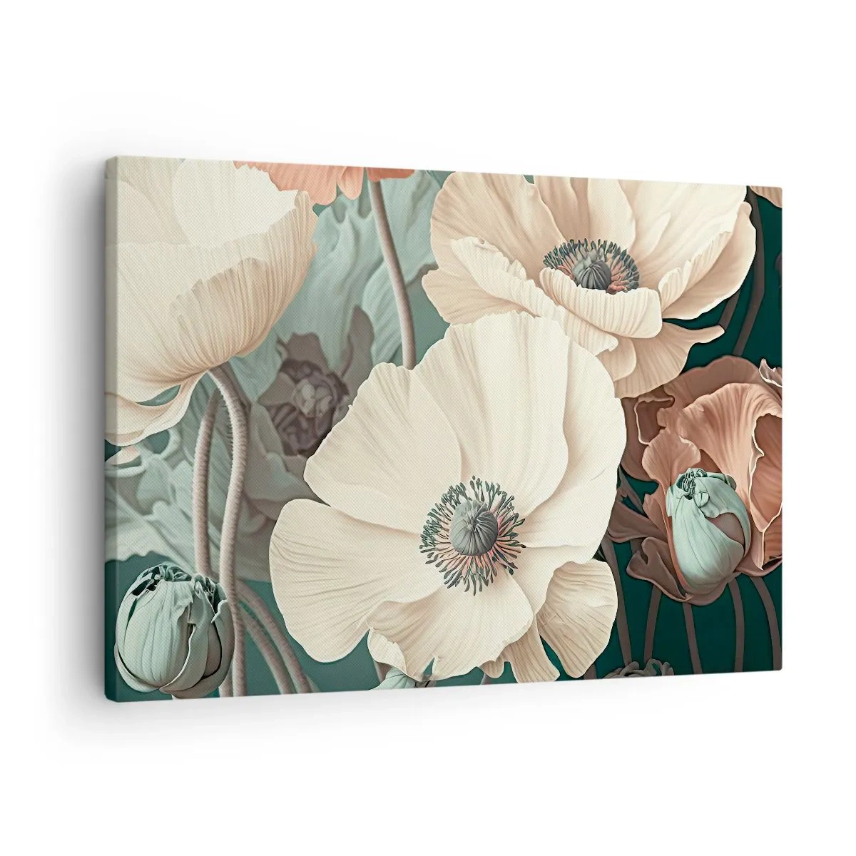 Obraz na plátne - Elegantné kvety v pastelových odtieňoch na zelenom pozadí - 70x50cm - Šepot makov - Moderná nástenná dekorácia do obývacej izby a spálne ARTTOR