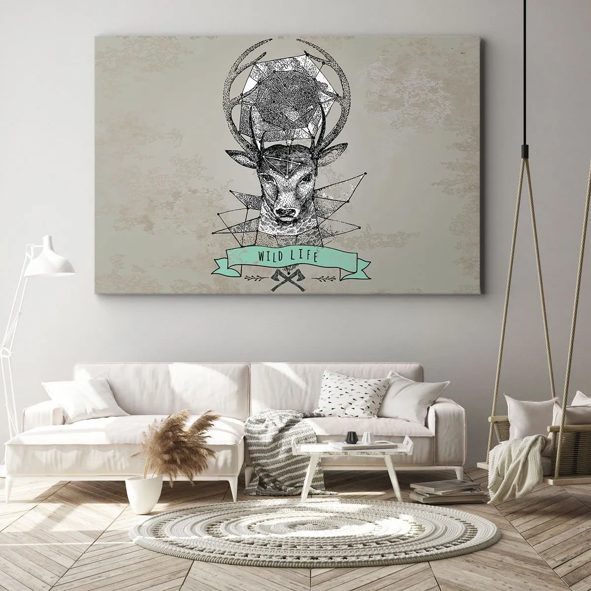 Obraz na plátne - Geometria jeleňa vo vintage štýle s nápisom Wild Life - 70x50cm - Videnie sv. Huberta - Moderná nástenná dekorácia do obývacej izby a spálne ARTTOR