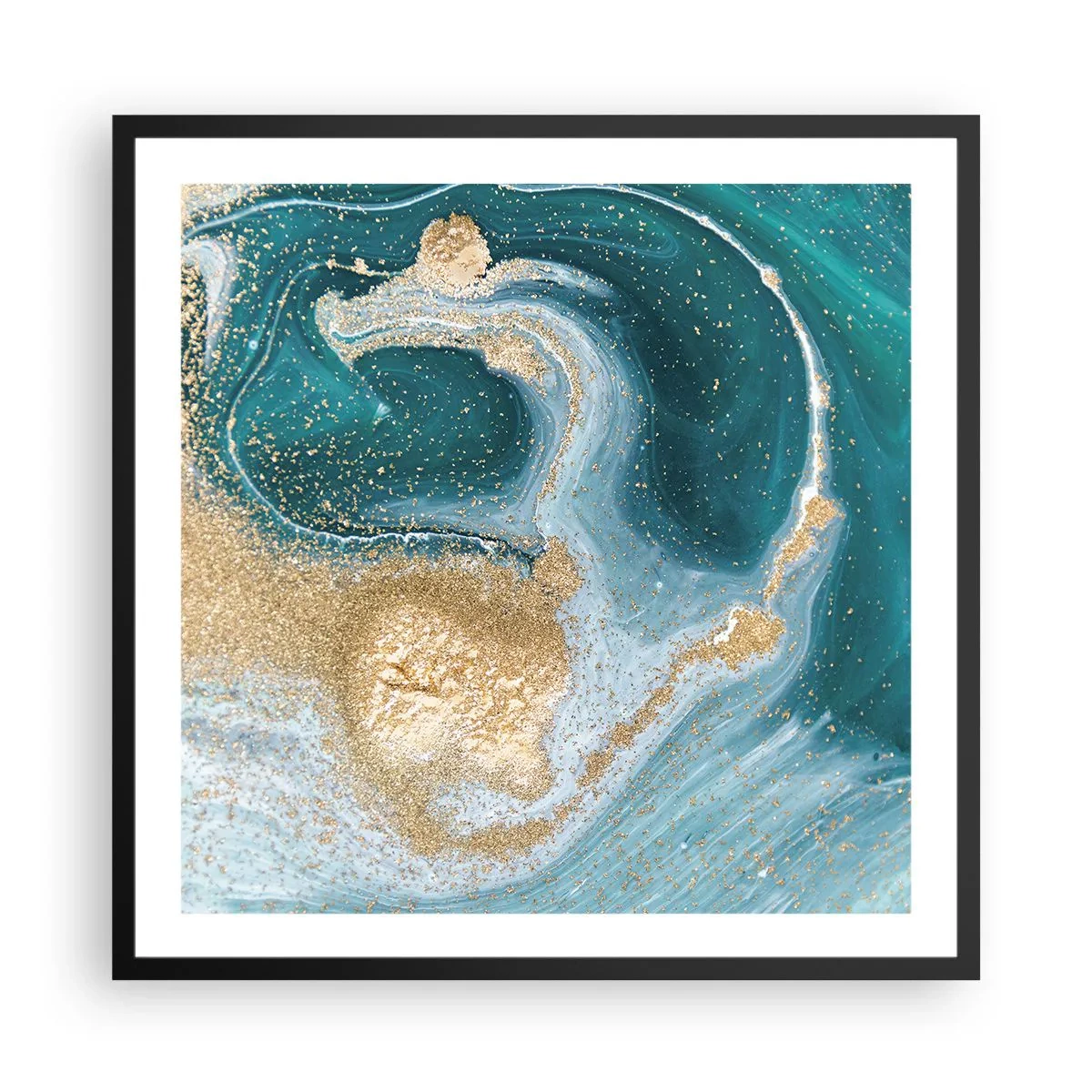 Plagát v čiernom ráme - Vír zlatej a tyrkysovej - 60x60 cm
