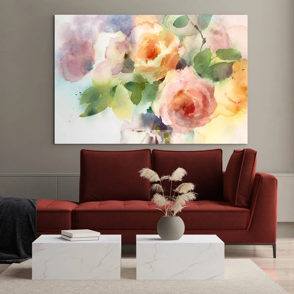 Obraz na skle - Akvarelová maľba ruží v jemných pastelových farbách. - 70x50cm - Jemné ako akvarel - Moderná nástenná dekorácia do obývacej izby a spálne ARTTOR