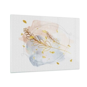 Obraz na skle - Jemná kompozícia s vetvičkami a zlatými listami v akvareloch - 70x50cm - Zlatý závan - Moderná nástenná dekorácia do obývacej izby a spálne ARTTOR
