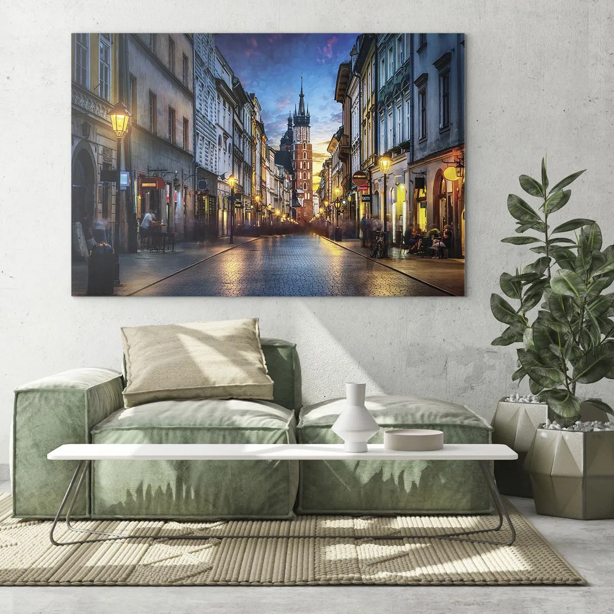Obraz na skle - Večerný pohľad na staré mesto s kostolom v pozadí - 70x50cm - Krakovský pôvab - Moderná nástenná dekorácia do obývacej izby a spálne ARTTOR
