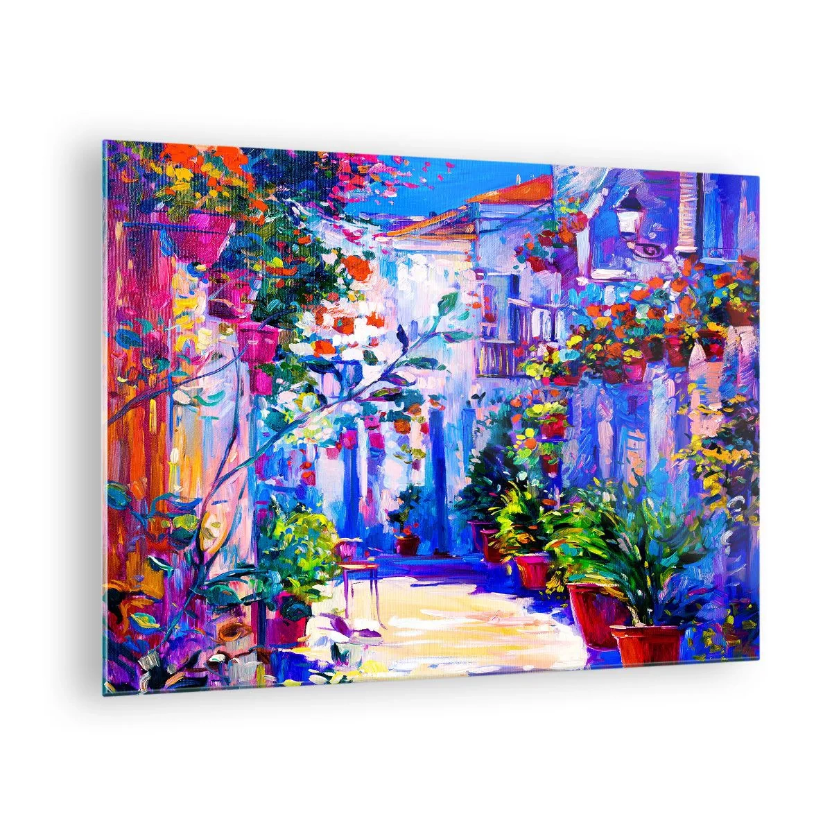 Obraz na skle - Farebná ulica s kvitnúcimi rastlinami a svetlom - 70x50cm - Impresia - talianska ulička - Moderná nástenná dekorácia do obývacej izby a spálne ARTTOR