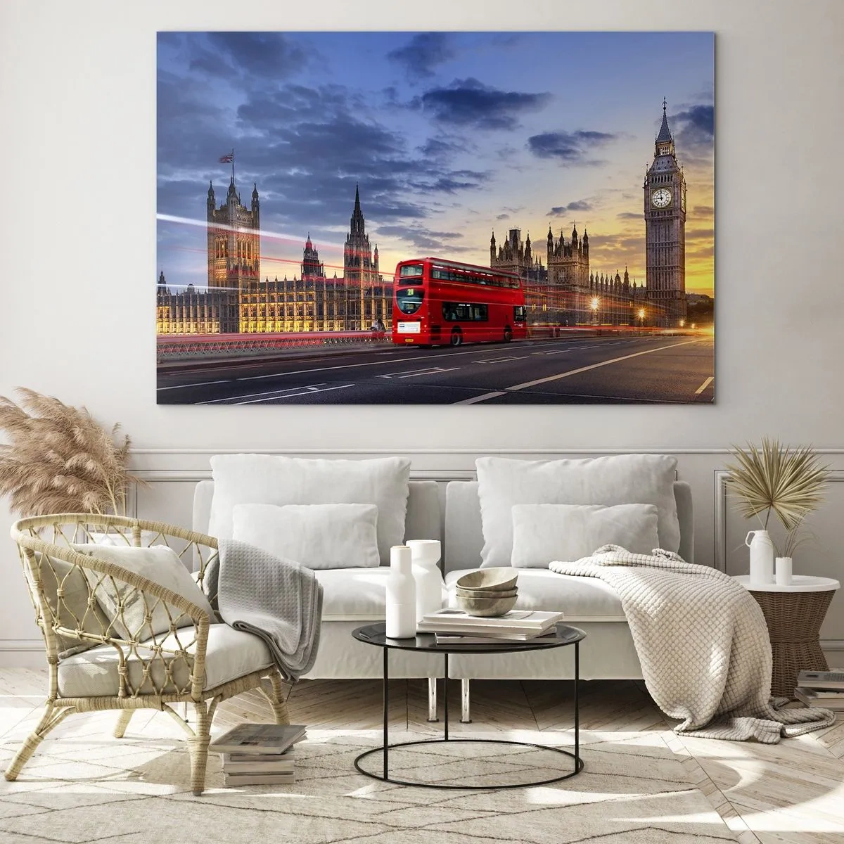 Obraz na skle - Big Ben a červený autobus v Londýne pri západe slnka - 70x50cm - Zvláštne znaky - Moderná nástenná dekorácia do obývacej izby a spálne ARTTOR