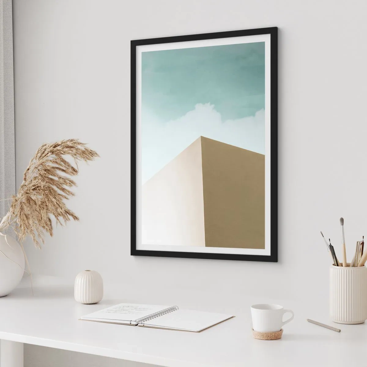Plagát v čiernom ráme - Minimalistická budova s jemnou oblohou - 50x70cm - Geometria slnečného leta - Moderná nástenná dekorácia do obývacej izby a spálne ARTTOR