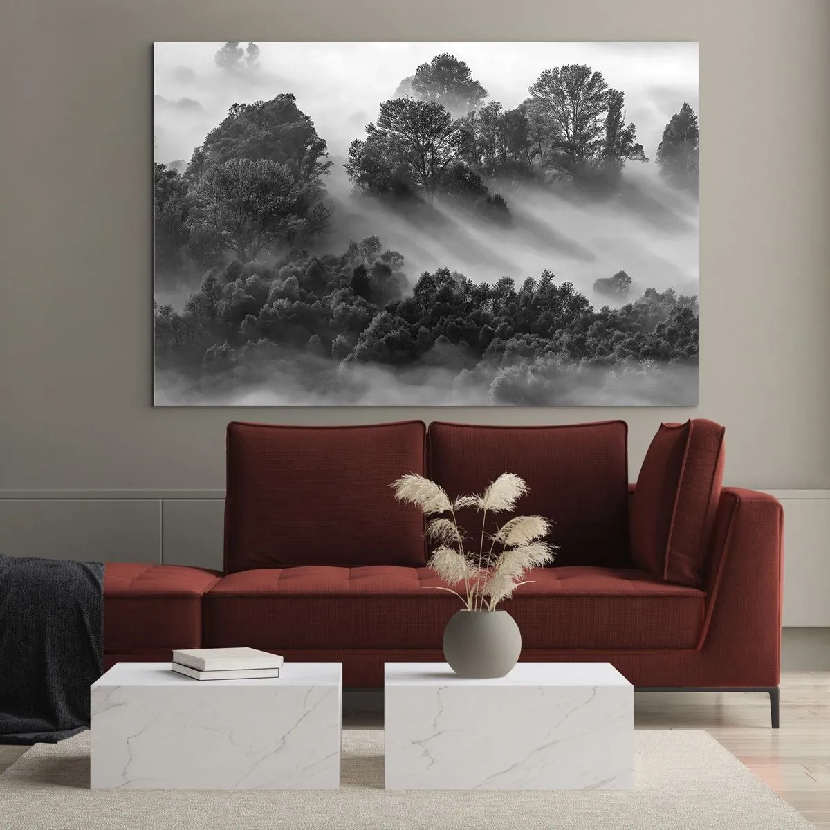 Obraz na skle - Hmlistý les na slnečnom svetle v čiernobielej farbe - 70x50cm - Prebúdzanie zo spánku - Moderná nástenná dekorácia do obývacej izby a spálne ARTTOR