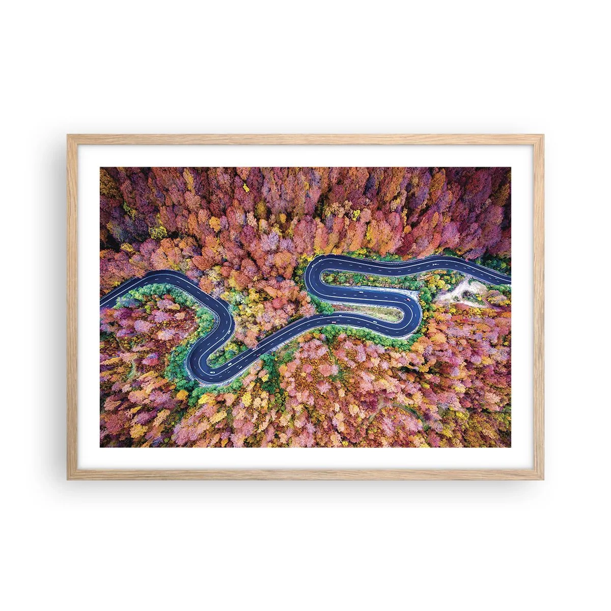 Plagát v ráme zo svetlého duba - Kľukatá cesta lesom - 70x50 cm