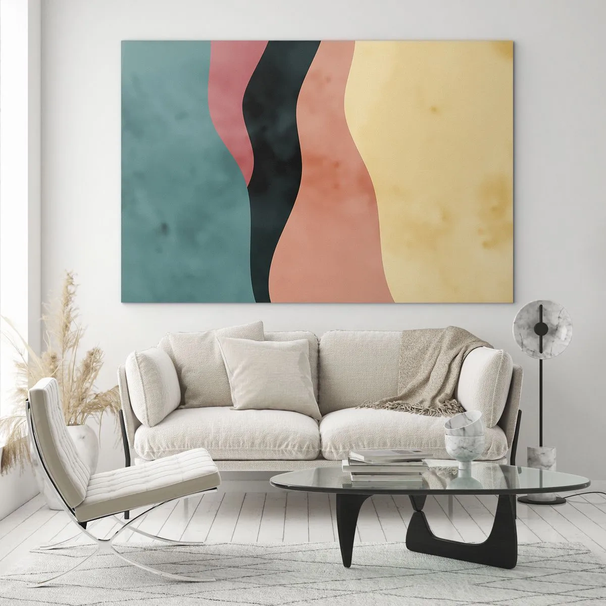 Obraz na skle - Farebné vlny v odtieňoch zelenej, ružovej, čiernej a béžovej - 70x50cm - Kompatibilný nesúlad - Moderná nástenná dekorácia do obývacej izby a spálne ARTTOR