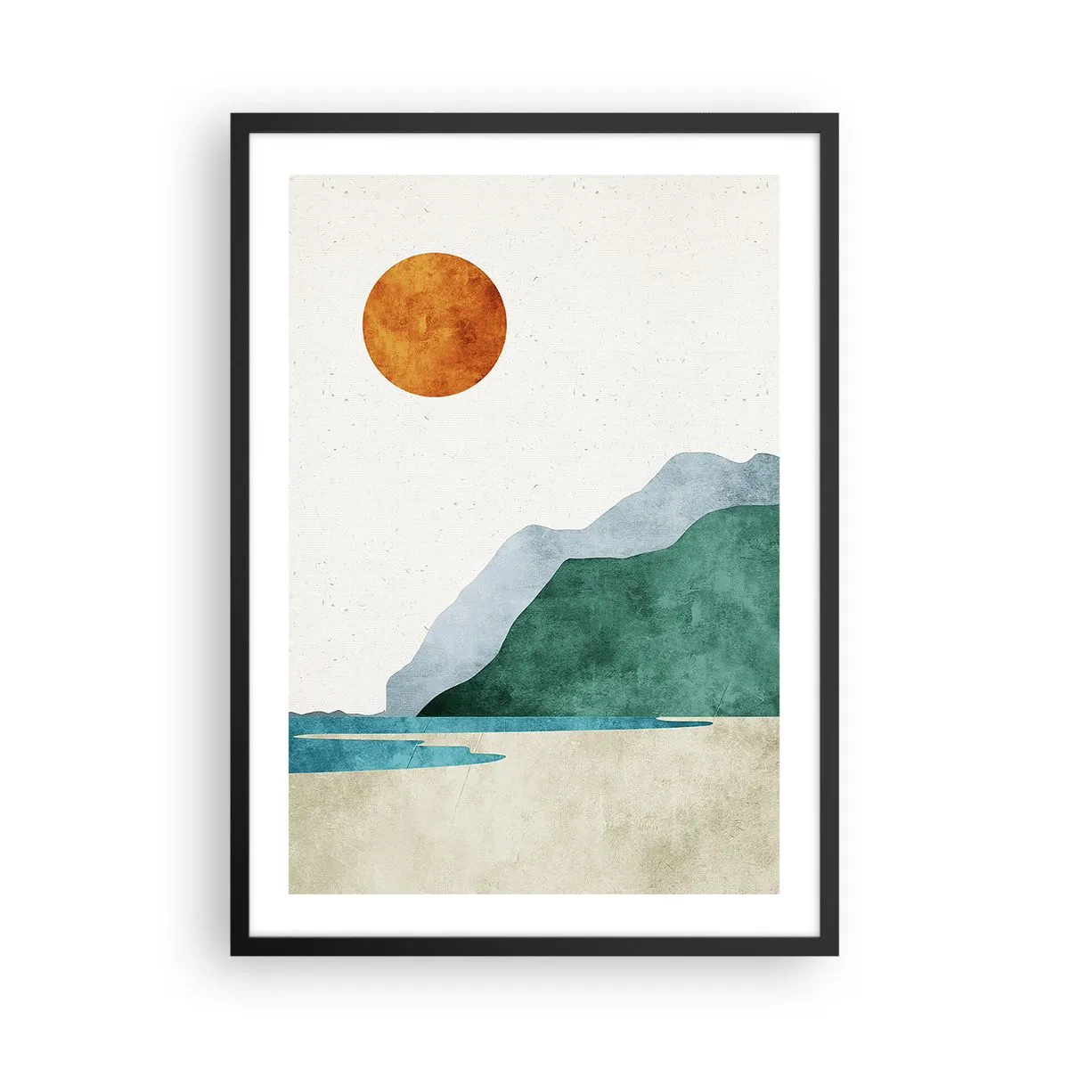 Plagát v čiernom ráme - Minimalistická horská krajina s plážou a slnkom - 50x70cm - Jednoducho ideálna krajina - Moderná nástenná dekorácia do obývacej izby a spálne ARTTOR