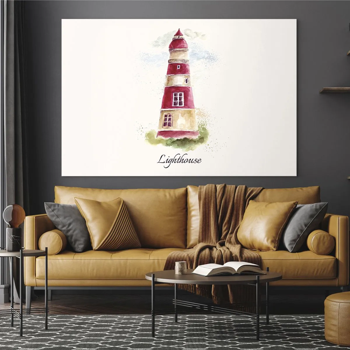 Obraz na skle - Akvarelový maják s nápisom Maják - 70x50cm - Tu je vždy počasie - Moderná nástenná dekorácia do obývacej izby a spálne ARTTOR