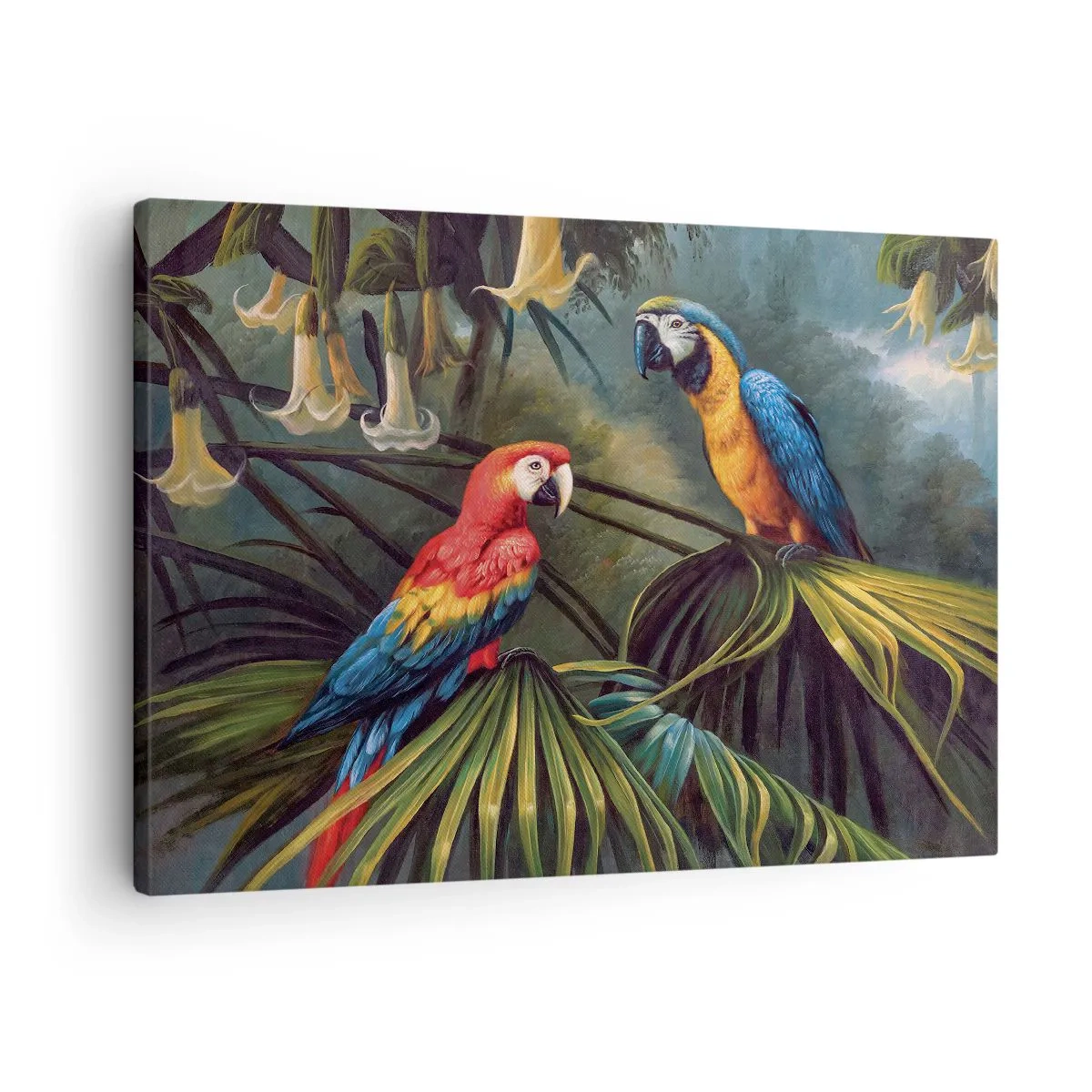 Obraz na plátne - Papagáje v tropickom lese s exotickými kvetmi v pozadí - 70x50cm - Romantizmus v trópoch - Moderná nástenná dekorácia do obývacej izby a spálne ARTTOR