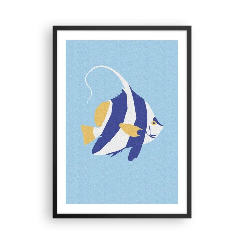 Plagát v čiernom ráme - Minimalistická grafika exotickej ryby na modrom pozadí. - 50x70cm - Miss tropických vôd - Moderná nástenná dekorácia do obývacej izby a spálne ARTTOR