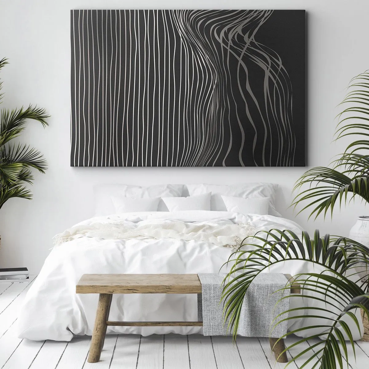 Obraz na plátne - Biele čiary na tmavosivom pozadí v abstraktnom usporiadaní - 70x50cm - Rytmus a prízvuk - Moderná nástenná dekorácia do obývacej izby a spálne ARTTOR