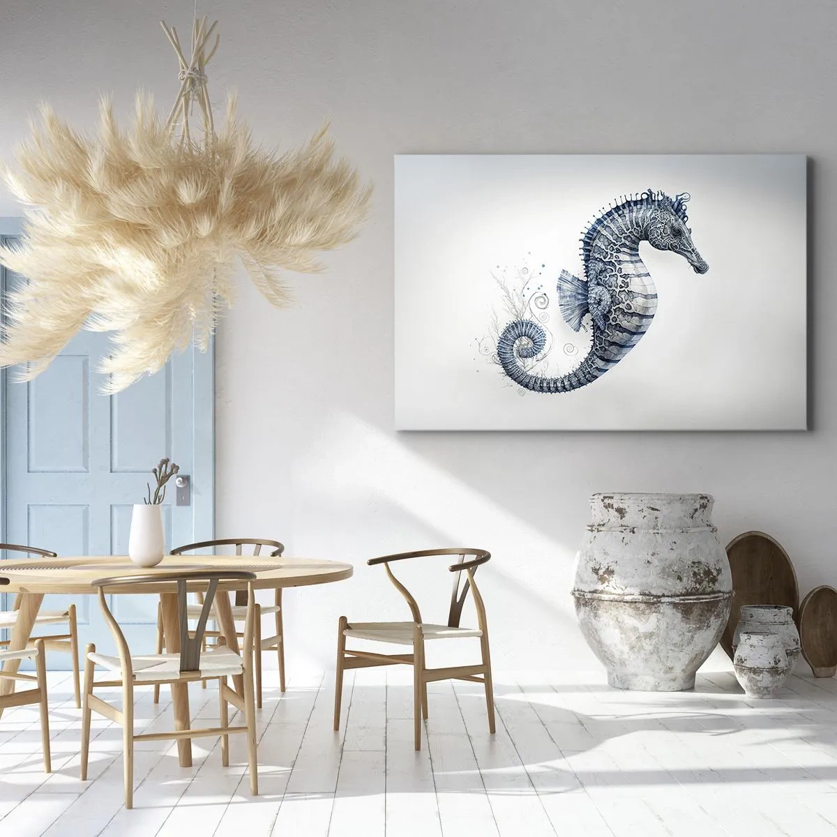 Obraz na plátne - Morský koník v odtieňoch modrej s akvarelovými detailmi - 70x50cm - Jemný vtip prírody - Moderná nástenná dekorácia do obývacej izby a spálne ARTTOR