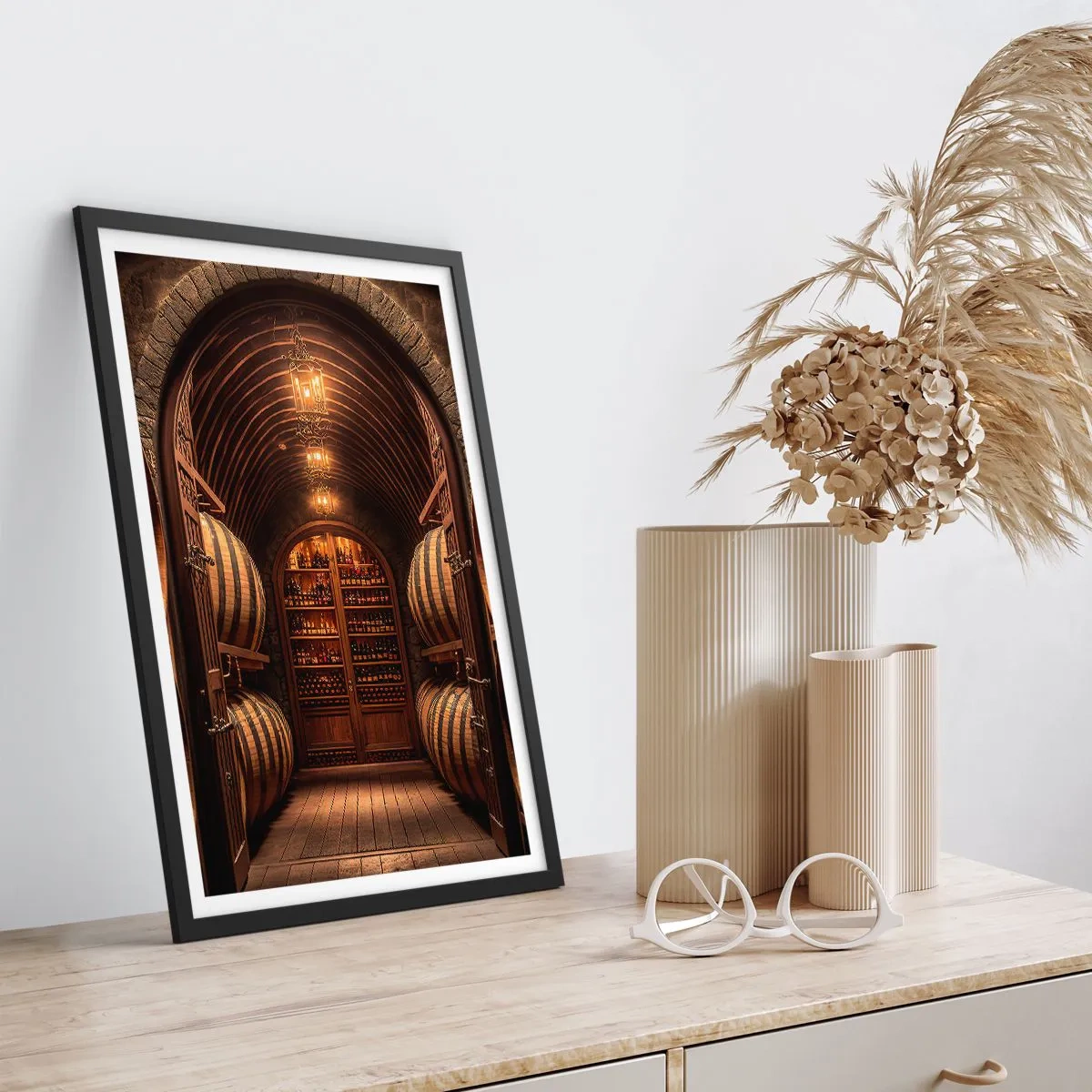 Plagát v čiernom ráme - Elegantná vínna pivnica s drevenými sudmi - 50x70cm - Nádherná pivnica - Moderná nástenná dekorácia do obývacej izby a spálne ARTTOR
