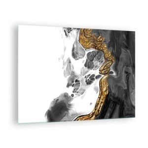 Obraz na skle - Abstraktná kompozícia čiernej, bielej a zlatej farby - 70x50cm - Organická kompozícia - Moderná nástenná dekorácia do obývacej izby a spálne ARTTOR