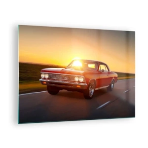 Obraz na skle - Červené klasické auto proti zapadajúcemu slnku - 70x50cm - Túžba má červenú farbu - Moderná nástenná dekorácia do obývacej izby a spálne ARTTOR