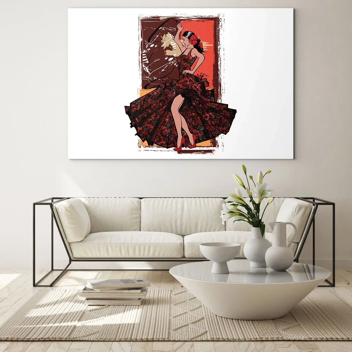 Obraz na skle - Flamenco tanečnica v elegantných červeno-čiernych šatách - 70x50cm - V rytme srdca - Moderná nástenná dekorácia do obývacej izby a spálne ARTTOR