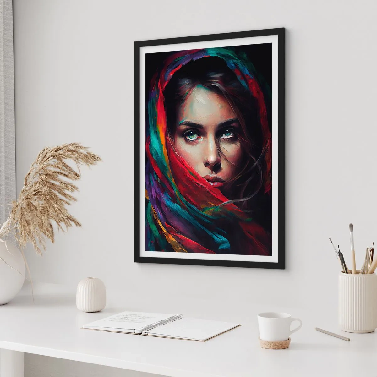 Plagát v čiernom ráme - Portrét ženy vo farebnej šatke - 50x70cm - Zelenooké tajomstvo - Moderná nástenná dekorácia do obývacej izby a spálne ARTTOR