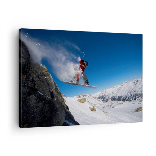Obraz na plátne - Snowboardista skáče zo skaly na pozadí horskej krajiny - 70x50cm - A stal si sa súčasťou priestoru - Moderná nástenná dekorácia do obývacej izby a spálne ARTTOR