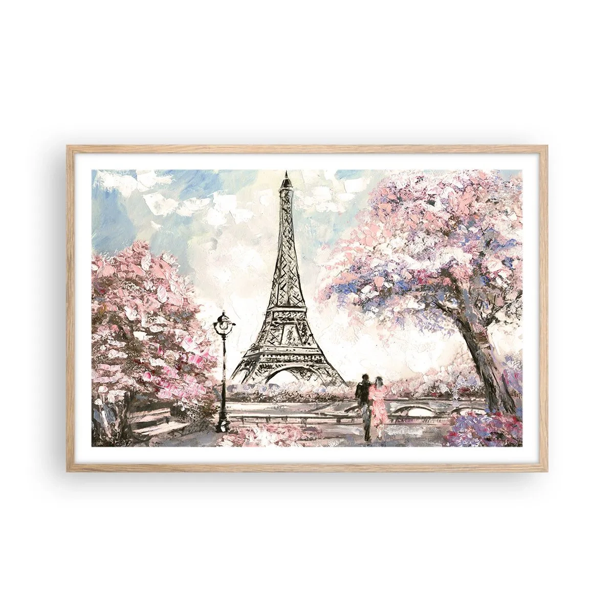 Plagát v ráme zo svetlého duba - Aprílová prechádzka Parížom - 91x61 cm