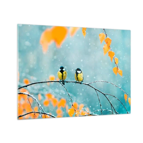 Obraz na skle - Dve sýkorky sediace na vetvičke medzi padajúcim lístím - 70x50cm - Vtáčie klebety - Moderná nástenná dekorácia do obývacej izby a spálne ARTTOR