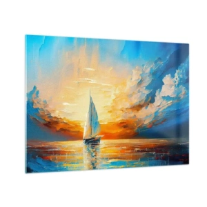 Obraz na skle - Plachetnica na mori vo svetle zapadajúceho slnka - 70x50cm - Plavba v zlate - Moderná nástenná dekorácia do obývacej izby a spálne ARTTOR