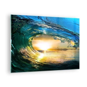 Obraz na skle - Oceánska vlna zachytená vo svetle zapadajúceho slnka - 70x50cm - V smaragdovo-zlatom krištáli - Moderná nástenná dekorácia do obývacej izby a spálne ARTTOR