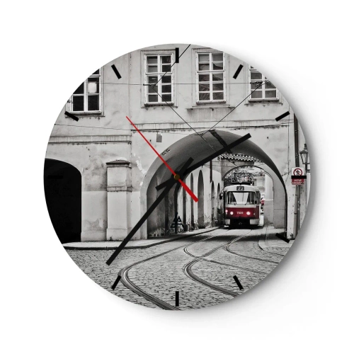 Nástenné hodiny - Električka prechádzajúca cez oblúk v monochromatickom štýle. - 30x30cm - Mestským labyrintom - Moderná nástenná dekorácia do obývacej izby, kuchyne a spálne ARTTOR