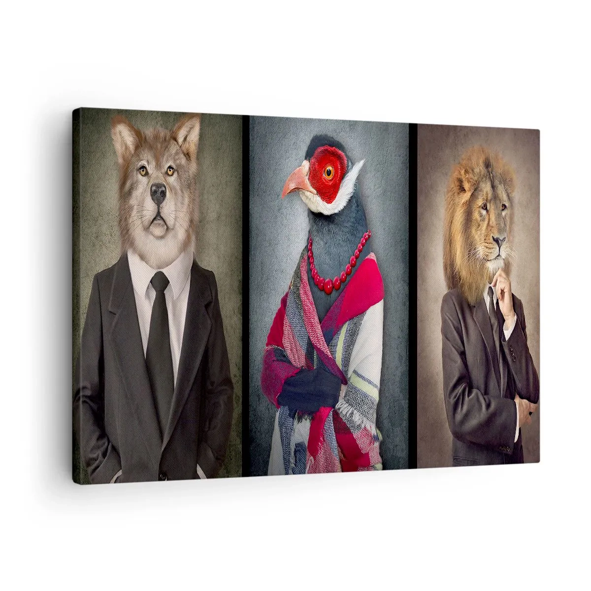 Obraz na plátne - Štylizované portréty vlka, bažanta a leva v elegantnom oblečení - 70x50cm - Čo tu robím?! - Moderná nástenná dekorácia do obývacej izby a spálne ARTTOR