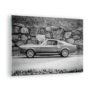Obraz na skle - Klasické auto oproti kamennému múru - 70x50cm - Legenda 60. rokov - Moderná nástenná dekorácia do obývacej izby a spálne ARTTOR