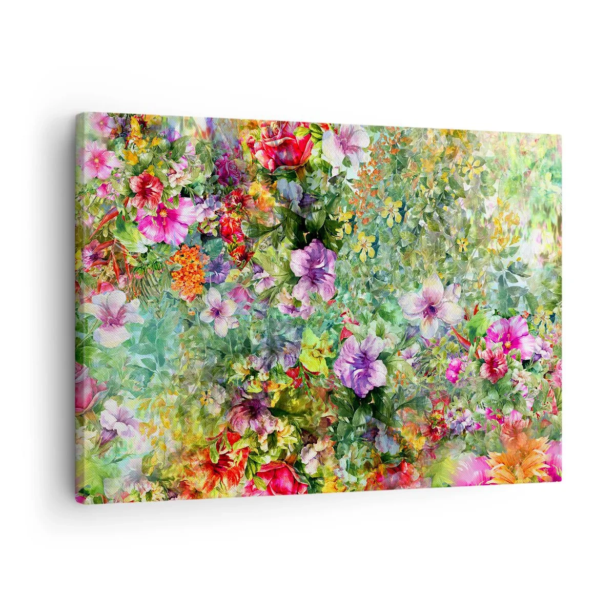 Obraz na plátne - Farebný kvetinový aranžmán na zelenom pozadí - 70x50cm - Do kvetov, do zahynutia - Moderná nástenná dekorácia do obývacej izby a spálne ARTTOR