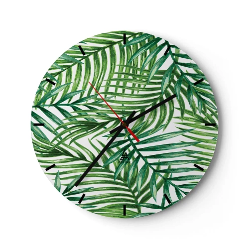 Nástenné hodiny - Zelené palmové listy usporiadané v hustej kompozícii - 30x30cm - Pod zeleným baldachýnom - Moderná nástenná dekorácia do obývacej izby, kuchyne a spálne ARTTOR
