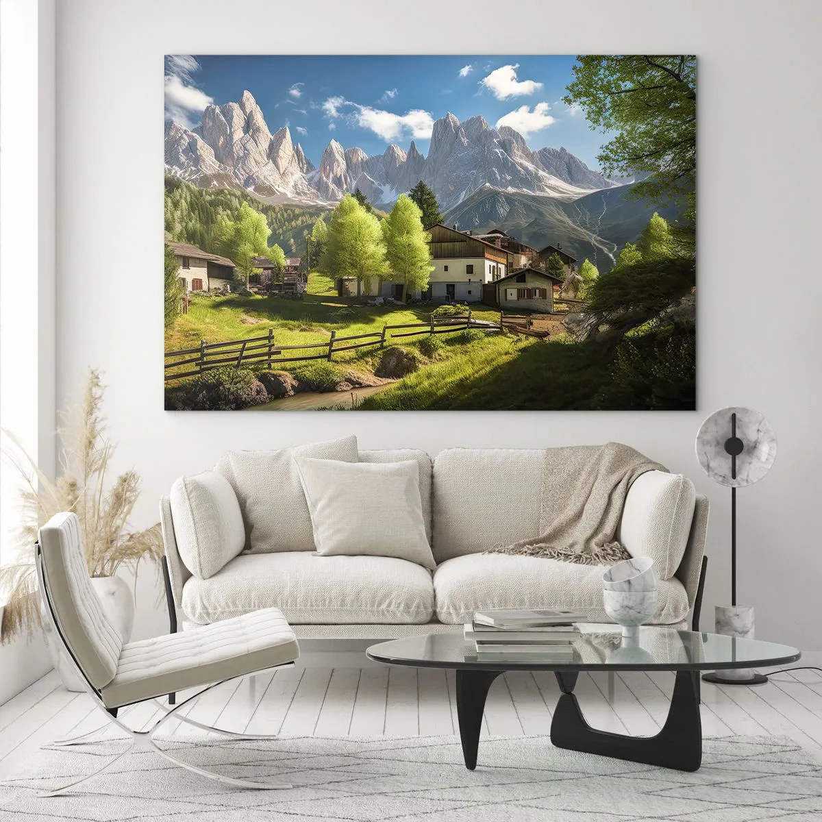 Obraz na skle - Rozvoj vidieka uprostred zelene na úpätí alpských štítov - 70x50cm - Alpská idyla - Moderná nástenná dekorácia do obývacej izby a spálne ARTTOR