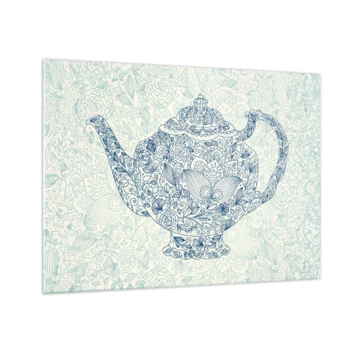 Obraz na skle - Kvetinová kanvica na čaj v vintage štýle - 70x50cm - Čajové kúzlo - Moderná nástenná dekorácia do obývacej izby a spálne ARTTOR