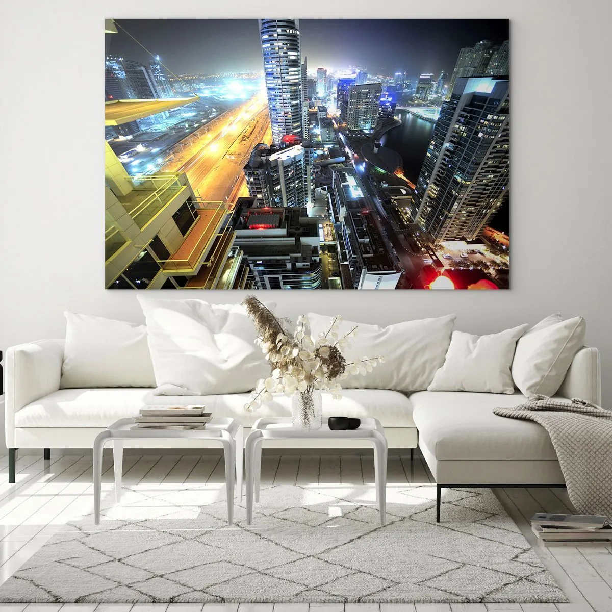 Obraz na skle - Panoráma nočného mesta s osvetlenými mrakodrapmi - 70x50cm - Zázrak na púšti - Moderná nástenná dekorácia do obývacej izby a spálne ARTTOR
