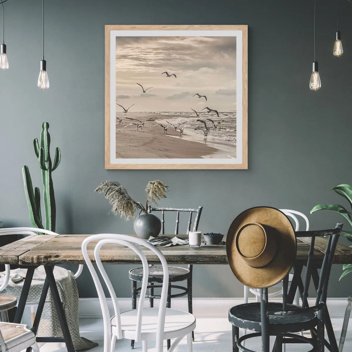 Plagát v ráme zo svetlého duba - Šumenie mora, spev vtákov - 30x30 cm