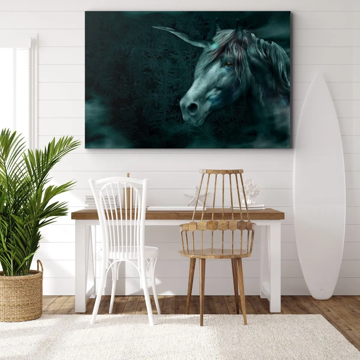 Obraz na plátne - Magický jednorožec v tajomnom, tmavom lese s fantastickými farbami. - 70x50cm - V rozprávkovom lese - Moderná nástenná dekorácia do obývacej izby a spálne ARTTOR