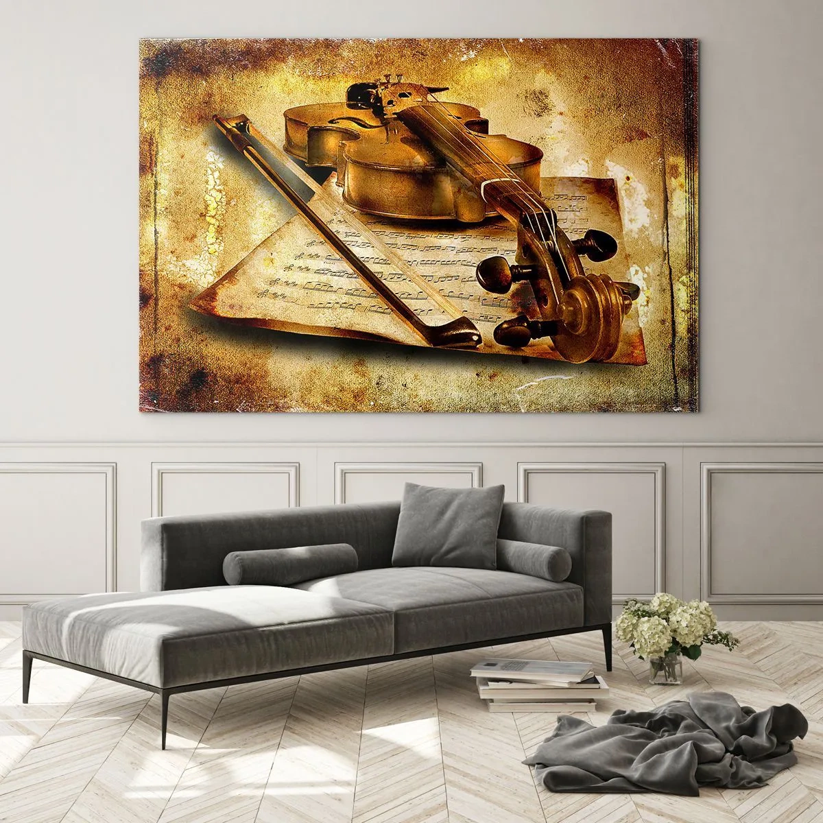 Obraz na skle - Husle s notovým záznamom na vintage pozadí - 70x50cm - Okamžite potrebný virtuóz - Moderná nástenná dekorácia do obývacej izby a spálne ARTTOR